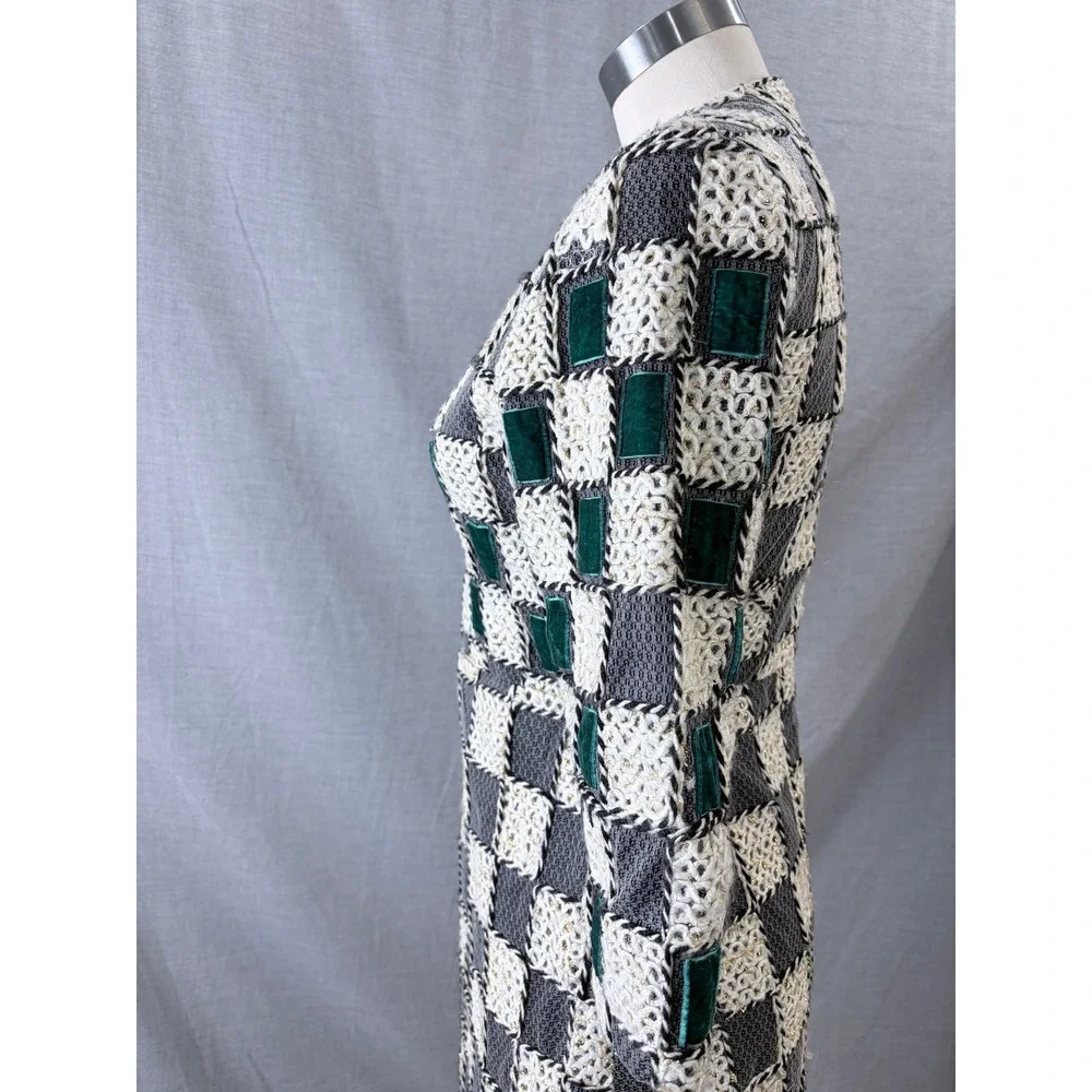 Sara Navon‎ Womens Grey Cream Checkered Velvet Accent Sheath Midi Dress Small